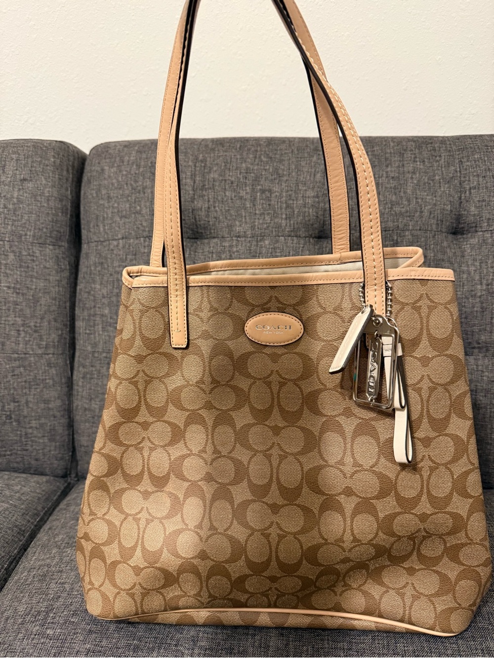 Coach Brown Signature Canvas Shoulder Tote with Light Tan Trim